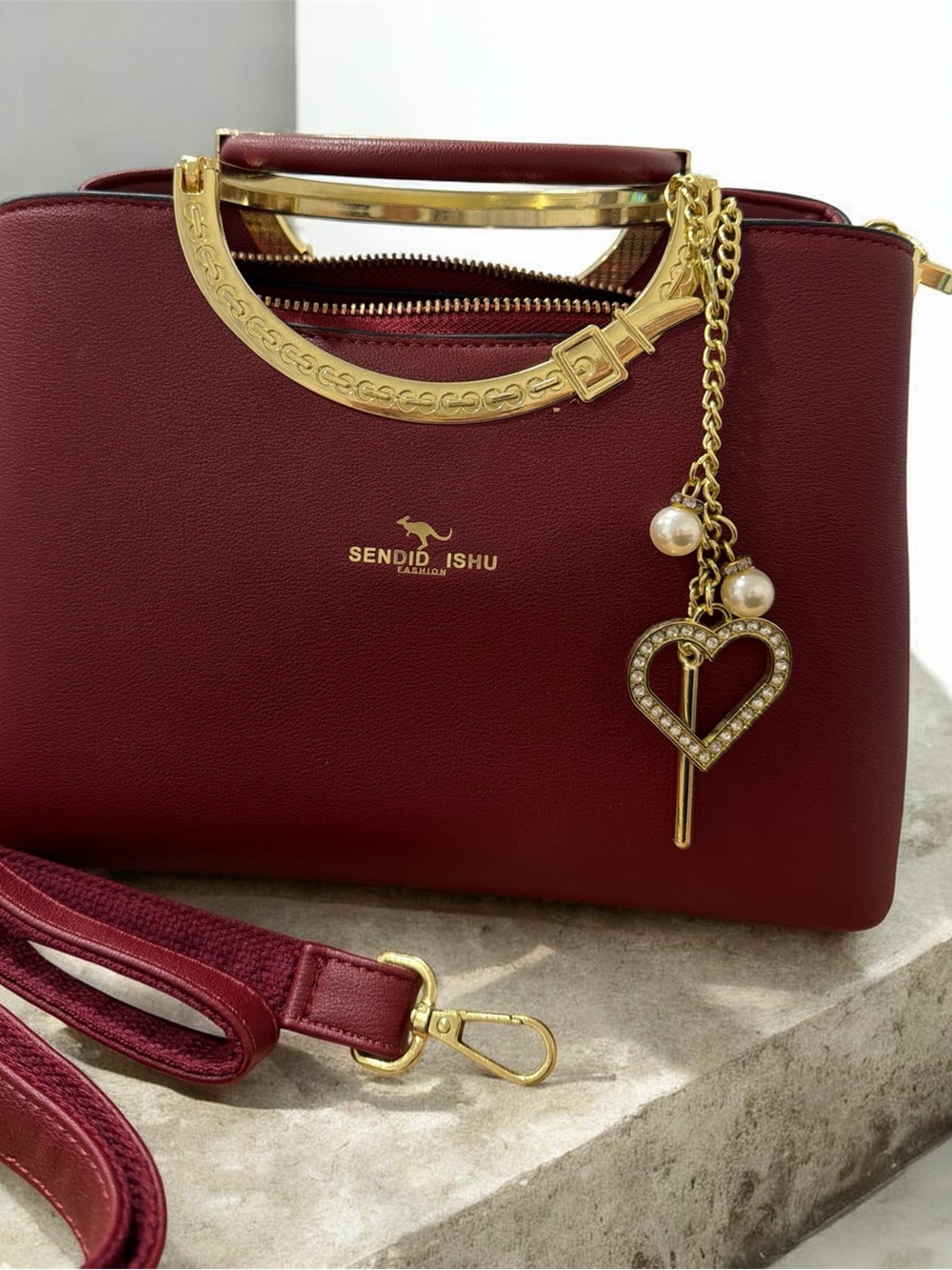 SENDID ISHU Burgundy Crossbody Bag with Gold Heart Charm